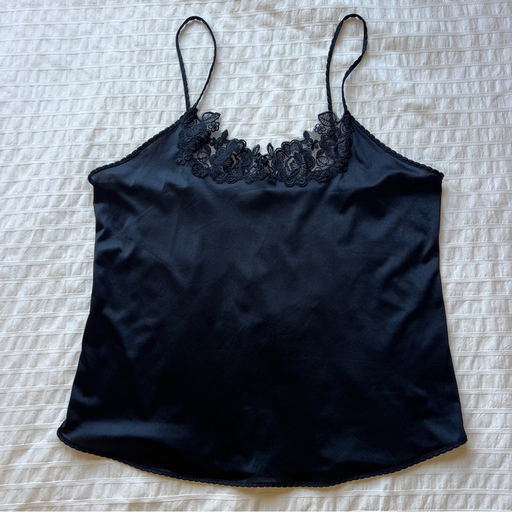 VTG 80s Papillon Blanc Black Satin Camisole, 36